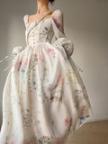 Getadme-French Elegant Floral Midi Dress Chiffon Long Sleeve Evening Party Dress Woman Beach Fairy One Piece Dress Korean 2023 Summer