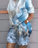 Getadme Womens Two Piece Sets Outfit Summer New Fashion Home Short-Sleeved Shorts Printed Suit Female