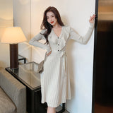 Ruffled A-line Dress Autumn V-Neck Pleated Knit Midi Long Dresses for Women Long Sleeve Elegant Pink Knitted Dress Robe Femme