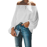 Simple Style Solid Color Off The Shoulder Tops Women Lantern Long Sleeve T-Shirt Female Fashion Loose Sweet Casual Commuter Tees
