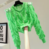 Hollow Out Bead Long Sleeve Knitted Shirt Women Pullovers  Autumn Winter High Waist Sweater Fashion Short Knitwear Sweaters