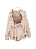 Getadme Summer Women Three Piece Sets Casual Linen Plaid Long Sleeve Tops + Elastic Waist Belt Wide Leg Shorts Vest Suits