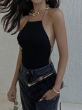 홀터넥 바디수트 여성 블랙 탑 타이업 바디수트 여름 스트리트웨어 의류 파티 섹시 의상 민소매 오버올 블랙리스 바디