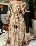Getadme-Bohemian Maxi Robe Women Printed Party Dress Sexy Off Shoulder Long Lantern Sleeve Sundress Belted Vintage Vestidos
