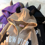 Getadme-Y2K Devil Embroidered Hoodie Women Casual Retro Loose Long Sleeve Hooded Sweatshirts Couple Autumn Winter Gothic Zip Up Hoodies