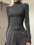 Sweetown Gray Stitched Tops Women Zip Up Turtleneck Long Sleeve Skinny Casual Streetwear Tees Irregular Hem Basic Korean T Shirt