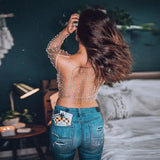 T-shirt sexy transparent Gtpdpllt pour femme, patchwork en maille, diamants et perles, coupe slim, crop top élégant, vêtements de printemps pour femme