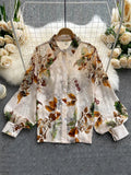 GETADME Spring Autumn Temperament Fashion Retro Chiffon Floral Blouses Print Loose Lapel Puff Sleeve Top Button Up Shirt Female