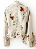 Getadme- New Women Retro Floral Print Embroidery Faux Soft Leather Jacket Coat Turndown Collar Pu Moto Biker Black Punk Outerwear