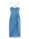 TRAF Summer Women Print Midi Dress 2023 New Female Leisure Vacation Style Slash Neck Sheath Mid-Calf Front Slit Long Dress