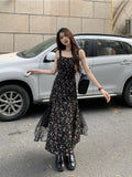 Getadme-Y2k Vintage Black Floral Dress Women Korean Style Mesh Irregular Split One Piece Slip Long Chiffon Fairy Dresses Summer