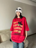 QWEEK Y2K Streetwear Red T-Shirt Women Oversized Hip Hop Vintage Letter Print White Tees American Retro Boyfriend Summer Top