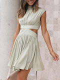 Short Green Dress For Woman Summer A Line Mini Bareback Dresses Females Pleated Solid Sleeveless Sweet Dress Women