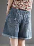 Summer Vintage High Waist Embroidery Denim Shorts S-3xl Hole Loose Women Pants Fashion Elastic Waist Streetwear Wide Leg Pants