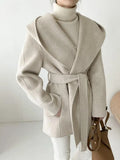 Getadme Short Hooded Woolen Coat for Women's Autumn and Winter New Korean Version Elegant and Warm Lace Up Coat Wool Coat Women