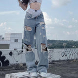 Getadme Streetwear Straight Pants Ladies Ripped Jeans Mid Waist Loose Wide Leg Pants Ladies Jeans Y2K Summer High Street  Cargo Pants