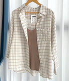 Getadme Summer Women Three Piece Sets Casual Linen Plaid Long Sleeve Tops + Elastic Waist Belt Wide Leg Shorts Vest Suits