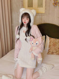 Getadme Pink Korean Lolita Kawaii Dress Women White Japanese Sweet Cute Party Mini Dress Bow Bodycon Elegant Split Dress Winter New