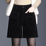 Pantalon taille haute femme, uni, poches, boutons, fente, collection automne/hiver 2023, style coréen, jambes larges, velours côtelé, coupe ample, short décontracté