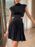 Short Green Dress For Woman Summer A Line Mini Bareback Dresses Females Pleated Solid Sleeveless Sweet Dress Women
