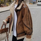 Getadme Winter Sheepskin Women Vintage Coat Faux Fur Suede Leather Women Warm Jacket Zipper Long Sleeve Short Casual Outwear
