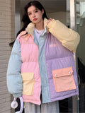 Getadme - Veste d'hiver pour femme, motif macaron, grande poche, patchwork tendance, doudoune matelassée décontractée, épaisse et chaude, à capuche en coton.