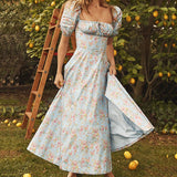 Getadme-Summer Grace Sweet Vestidos Women's French Bubble Sleeve Printing Floral Dress Short Sleeve Side Split Irregular Dresses