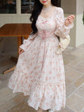 Pink Floral Korea Sweet Elegant Dress Women Bandage Lace Print France Vintage Dress Puff Sleeve Princess Kawaii Fairy Dress 2023