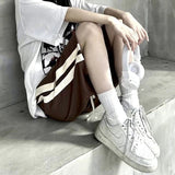 MEXZT Striped Joggers Shorts Women Streetwear Wide Leg Sports Shorts Bf Hip Hop Baggy Casual Drawstring Straight Short Pants