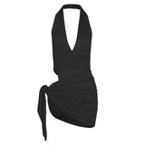 Ins European And American Style 2022Summer New Women'S Sexy V-Neck Back Open Solid Color Dress Fashion Hip Short Skirt Set Women