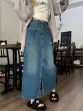Jupe en jean bleu rétro mi-longue pour femme, collection printemps-été, style urbain simple, poches, coupe droite fendue, style trapèze.