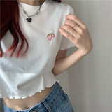 Getadme-Cropped Navel Shirt Ruffle Top Blouses Strawberry Embroidery Shirts Short Sleeve Slim fit Tees Street Women Clothing