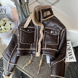 Getadme-Black Lambswool Jacket Winter Thickened Plus Velvet Motorcycle Faux Leather Stitching Coat PU Plush Cardigan Stand Collar Tops