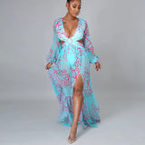 Sexy V-Neck Backless Hollow Out Dress Summer Women Lantern Sleeve Club Party Long Maxi Dresses Tunic Beach Cover Up