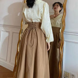 Getadme-A Line High Waist Drawstring Waist Retraction Fluffy Skirt Womens Vintage Pocket Solid Color Long Skirts Elegant Harajuku Skirts