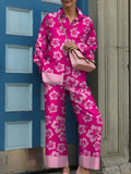 Ice Silk Pajamas Women 2023 Spring Autumn Lapel Painted Sleepwear Suit Long Sleeve Pants 2 Pieces Set Home Clothes Pijamas New