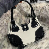 Getadme Patent Leather Canvas Women Tote Shoulder Bag Retro Y2k Cool Girls Chain Purse Handbags Fashion Stars Female Underarm Bags