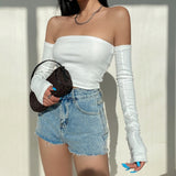 Getadme-Female Crop Tops T-shirts, Solid Color Boat Neck Off Shoulder Sexy Tops Pullover with Long Sleeves for Summer Club Wear
