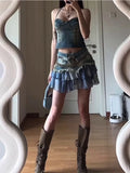 Getadme Summer Women Korean Fashion Gauze Patchwork Mini Denim Skirt Cutecore Gyaru Coquette 2000s Coquette Y2k Streetwear Grunge Design
