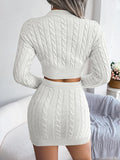 Women Fall 2 Pieces Outfits Solid Color Twist Knitted Round Neck Long Sleeve Cropped Sweater Wrapped Hip Mini Skirts Clothes Set