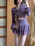 Purple France Vintage Two Piece Set Women Summer Lace Sexy Mini Skirt Suit Female Korean Fashion Hight Waist Skirt Suit 2023 New