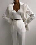 Getadme 3 Pieces Women Suits Pants Set Blazer+Corset Top+Trousers Double Breasted Jacket Formal Casual Wedding Tuxedos Prom Dress Tailor