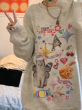Kawaii Cat Print Hoodie Women Cutecore Long Sleeve Sweatshirt American Retro E-girl Kitten Angel Graphic Alt Clothes Y2k