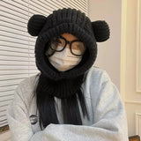 Getadme Korean Women Hooded Beanies Outdoor Winter Warm Ear Protection Headgear Wool Knitted Bib Scarf Cap Cartoon Bear Crochet Bonnet