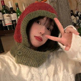 Getadme 일본 레트로 발라클라바 모자 여성 스카프 겨울 모자 및 목 방한 따뜻한 니트 모자 여성 패션 색상 매칭 여성용 모자
