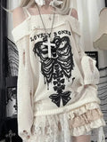 Getadme Y2k Harajuku Gothic Knitted Pullovers Women Japanese Fashion Sexy Skull Off The Shoulder Punk Girls Hole Loose Sweater