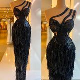 Luxurious Black Mermaid Party Dresses One Shoulder Tassels Prom Gowns Custom Made Beaded Women Formal Evening Dresses