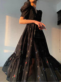 Vintage Black Floral Midi Dress Women Short Sleeve French Elegant Dress Beach 2023 Summer Casual Korean Evening Party Dress