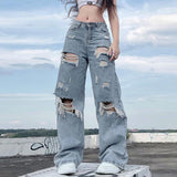 Getadme Streetwear Straight Pants Ladies Ripped Jeans Mid Waist Loose Wide Leg Pants Ladies Jeans Y2K Summer High Street  Cargo Pants