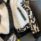 Winter New French Style Brand Short  Warm Chic Fur Lamb Wool Coat Pu Patchwork Zipper Pocket Outwear Chaqueta Mujer